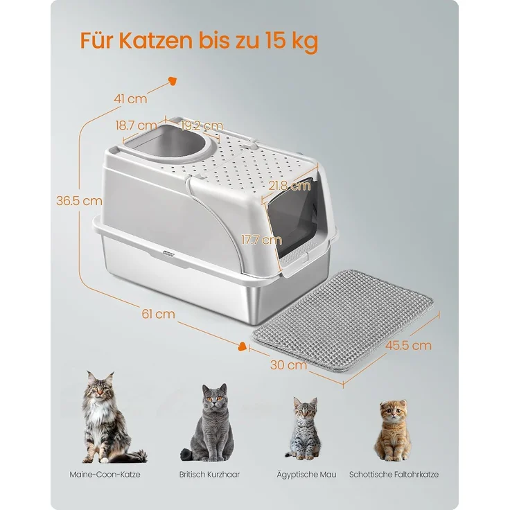 FEANDREA Katzenklo, Katzentoilette, Edelstahl, mit Deckel, Schaufel, Bürste, für Katzen bis 15 kg, grau – Bild 6