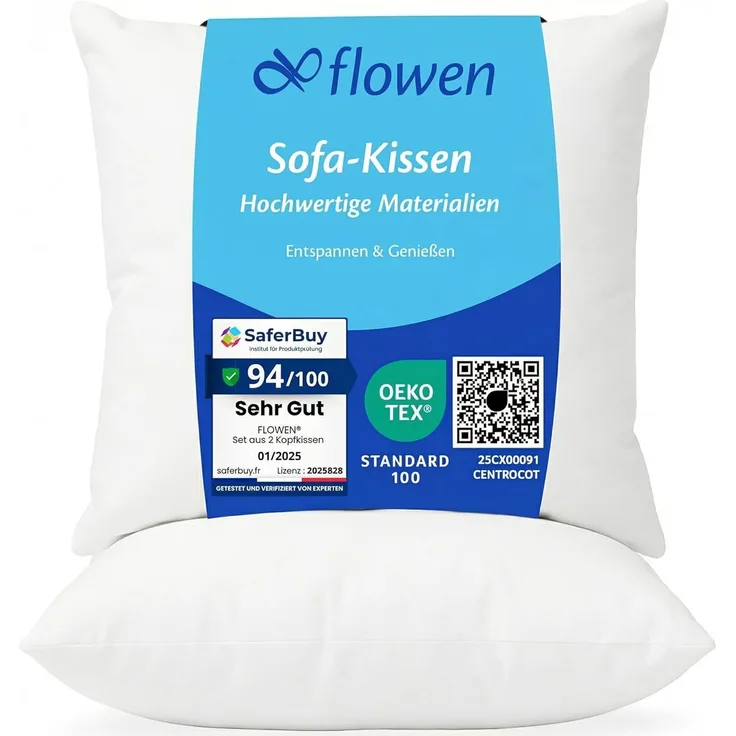 Flowen Kissen 50x50 Kopfkissen 2er Set für Sofa und Bett Innenkissen Hypoallergene Anti-Milben Kissenfüllung mit Weicher Gesteppter Kissenbezug 100% Polyester für Haus/Hotel