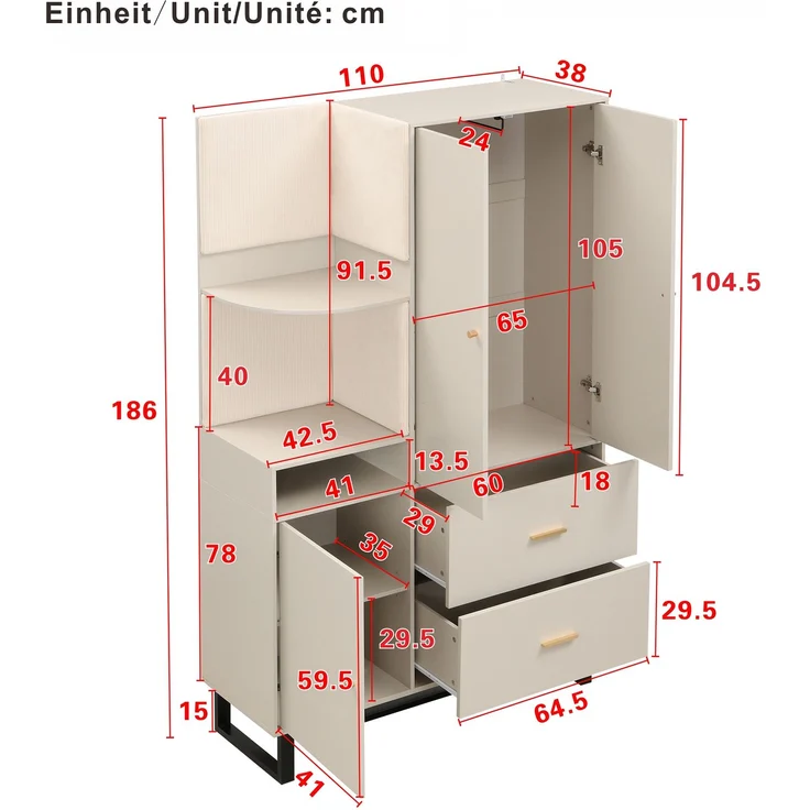 Kompaktgarderoben,Flurgarderobe,Dielenschrank Wandschrank Regal Diele & Flur Kleiderschrank mit gepolsterten Paneelen Schuhschrank, (BxHxT): 110x186x38 cm--Beige + Grau--110x38x186cm--YOUDENOVA – Bild 6