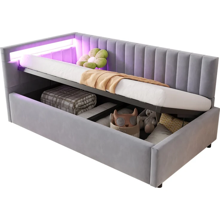 Merax Polsterbett Schlafsofa 90x200, mit LED-Beleuchtung und hydraulischem Stauraum, klassisches vertikales Streifendesign, seitliche Kopfteile mit austauschbaren Positionen, Lattenrost, Samtstoff, Hellgrau – Bild 10