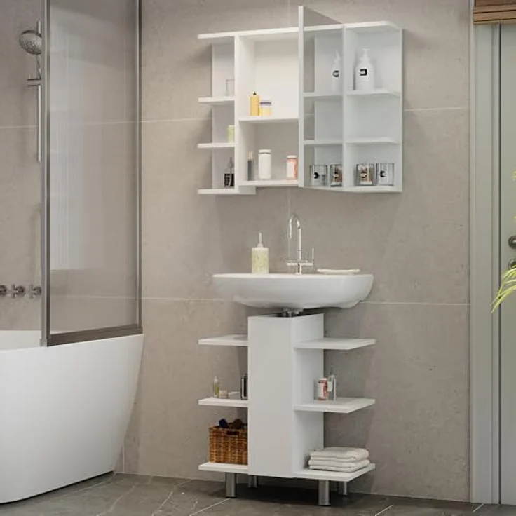 Vicco Fynn Badmöbelset, Weiß, mit Waschbeckenunterschrank und Spiegelschrank, viel Stauraum – Bild 5