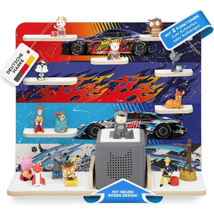 stadtecken Holzregal für Musikbox I Geeignet für die Toniebox und ca. 50 Tonies I Perfekte Tonie Aufbewahrung im Kinderzimmer I Zum Aufstellen oder Aufhängen I Racer, groß