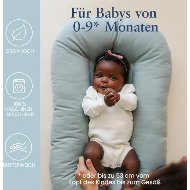 Snuggle Me® Babynest (0-9 Monate) - Premium Babynestchen Neugeborene, Bio-Baumwolle mit Faserfüllung, Ungepolsterte Mitte, die Umarmungen imitiert, 100% Maschinenwaschbar, Inkl. Reisetasche (Slate) – Bild 4