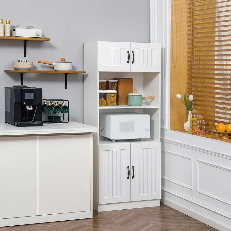 Küchenschrank Küchenbuffet Hochschrank mit 2 Regalen und 2 Schränken mit verstellbaren Regalböden Mikrowellenregal Anti-Kipp-Gurt--Weiß--70x40x170cm--YOUDENOVA – Bild 2