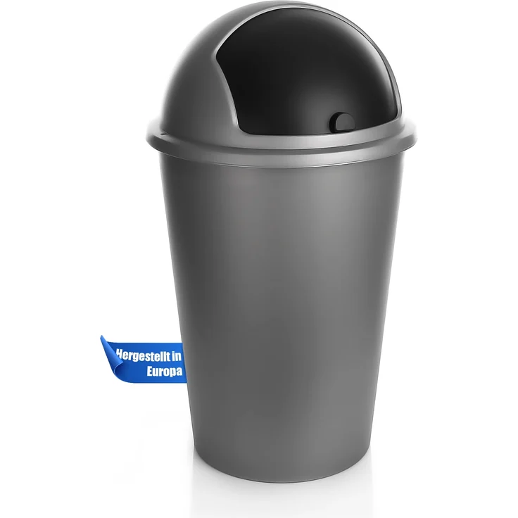 BigDean Abfalleimer grau 50 L mit schwarzem Schiebedeckel Ø 25cm x H 68cm – Mülleimer groß aus Kunststoff für die Küche oder das Büro – Müllbehälter geruchsdicht mit rundem Deckel – Made in Europe – Bild 1