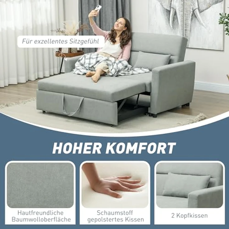 HOMCOM Schlafsofa 2-Sitzer Sofa mit Schlaffunktion, Verstellbare Rückenlehne, Schlafcouch 1 Teile, für Wohnzimmer, Gästezimmer, Hellgrau – Bild 6