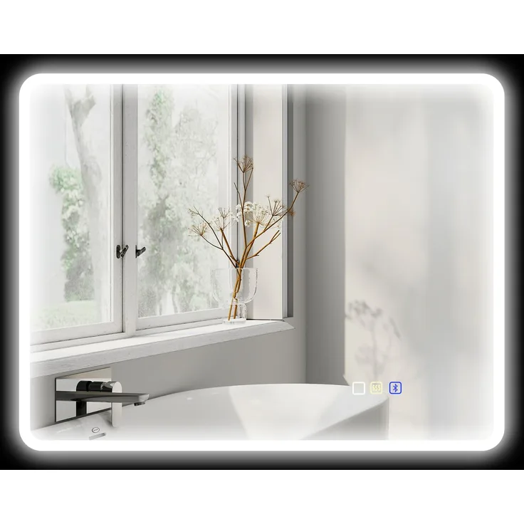 MELAYR, LED-Badezimmerspiegel, Bluetooth-Funktion, anpassbares Licht, Antibeschlag-Funktion, 90 x 3.5 x 70 cm, Silber