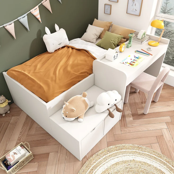 MODFU Kinderbett Schreibtischbett Funktionsbett für Kinderzimmer (Jugendbett, Lernbett, 1-tlg, 90 x 200 cm, Ohne Matratze), mit integriertem Schreibtisch und Schubladen – Bild 4