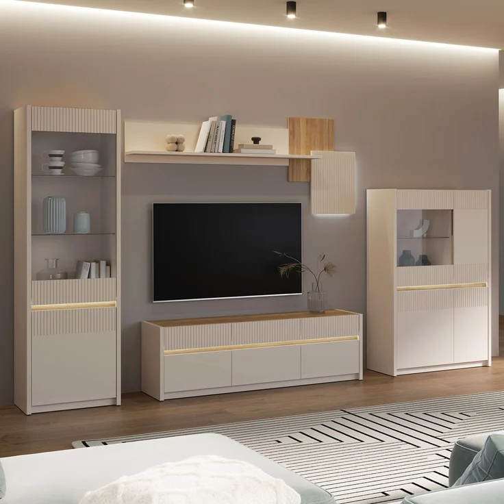 Forte OAK SQUERE Vitrine 60, elegante Wohnzimmervitrine mit 2 Türen, Glasfront und Beleuchtung, Holzwerkstoff, Mauvella Eiche Holzdekor/Sand, 60,6 cm breit x 197,9 cm hoch x 41,5 cm tief – Bild 8