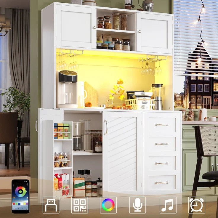 EINHOM Seitenboard / Aufbewahrungsschrank / Küchenschrank / Buffetschrank, 120 x 40 x 188 cm, mit LED-Beleuchtung, Snackregal & Getränkehaltern, 4 Türen & 2 große Schubladen, Grün/Schwarz/Weiß, Weiß – Bild 3