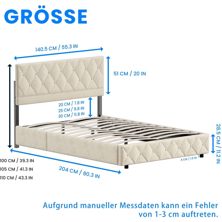 Polsterbett 140x200 cm mit Aufbewahrungsbox, Beige, Kunstleder, Lattenrost (ohne Matratze) – Bild 10