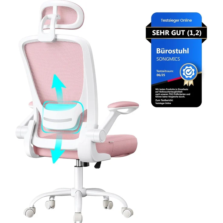 Songmics Bürostuhl ergonomisch, mit Mesh, gepolsterte Lendenstütze, Wippfunktion, 53 cm große Sitzfläche, klappbare Armlehnen, Kopfstütze, pastellrosa, 64x64 x (115-130) cm