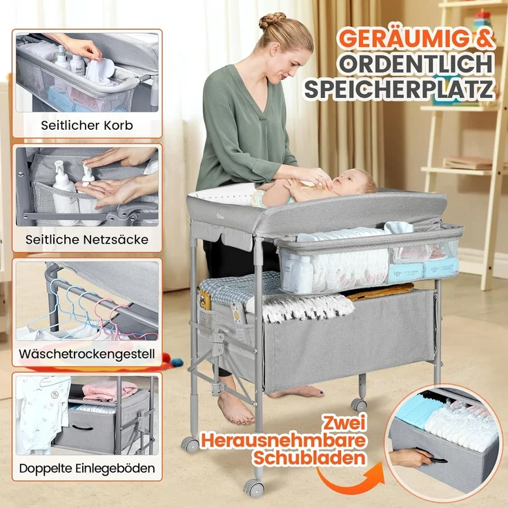 Orzbow Tragbarkeit Baby Wickelkommode mit Schubladen und Nachtlicht, Höhenverstellbare Mobiler Baby Wickeltisch Klappbar mit Sicherheitsgurt, Geräumiger Stauraum Baby Changing Table, Grau – Bild 3