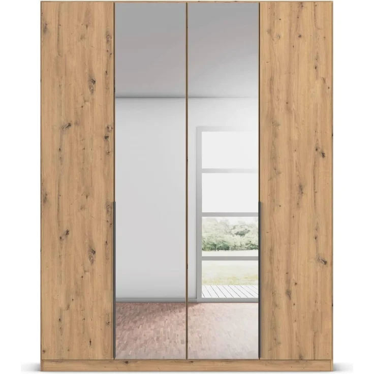 Rauch Möbel Alabama, Kleiderschrank, Garderobe, 4-türig, Spiegel, Zubehör Premium, 2 Kleiderstangen, 5 Einlegeböden, Schubladeneinsatz, Farbe Eiche Artisan, Holz, Griff Grau metallic, 181 x 210 x 54 cm – Bild 6