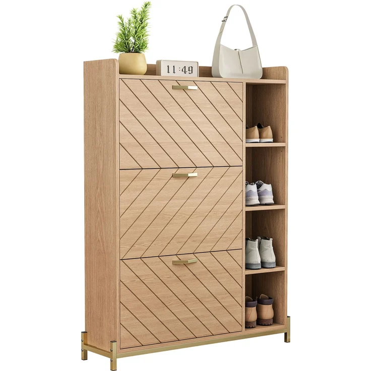 Schuhschrank 90 x 24 x 119 cm aus MDF in Eichenoptik mit 3 Klapptüren und Seitenfächern – Bild 7