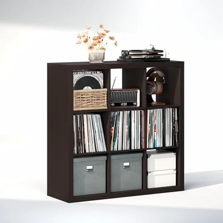 Furinno Cubicle Plattenspieler Regal mit Vinyl Aufbewahrung, 9-Würfel 1.8 Dreifach Dicke Vinyl Aufbewahrung, Offen Rückseitiges Medienregal für CD DVD Blueray Spiel Discs, Schwarz Dunkle Eiche – Bild 3