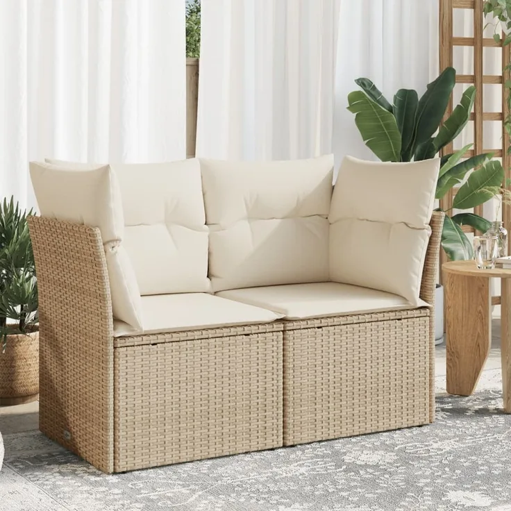 vidaXL Gartensofa mit Kissen 2-Sitzer Beige Poly Rattan 366052