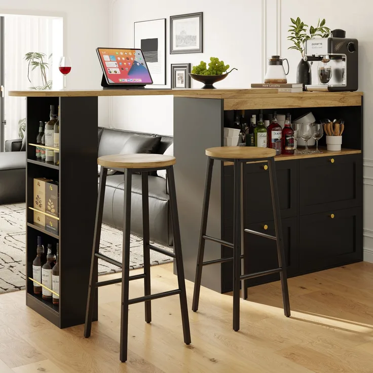 2-Set Barhocker mit Holzoptik-Sitz, 70cm, belastbar bis 150kg pro Hocker, mit zwei Fußstützen & verstellbaren Füßen, schwarzer Metallrahmen--Schwarz--30x30x70cm--YOUDENOVA