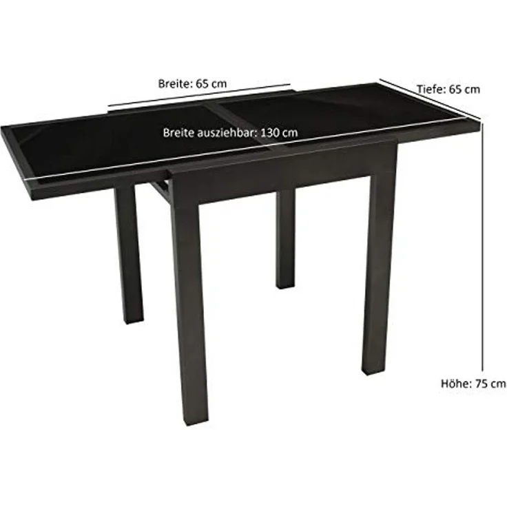 DEGAMO Balkontisch Ausziehtisch Torino aus Aluminium anthrazitgrau, Tischplatte Glas schwarz 65x65cm, ausziehbar auf 130cm, Höhe 75cm, Outdoor – Bild 3