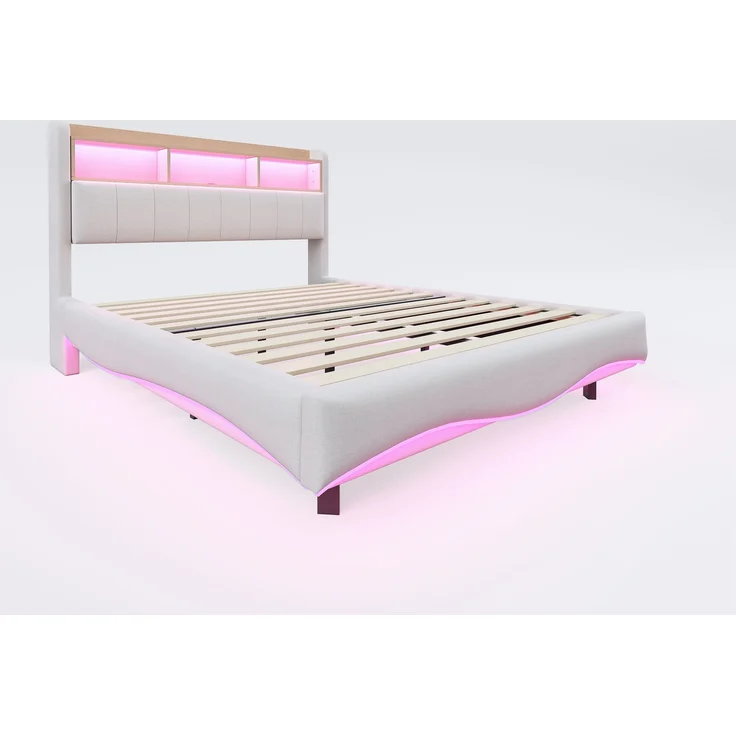 Beiges Schwebebett 140x200 cm Mit LED Beleuchtung Und USB Type C Anschlüssen Doppelbett Mit Stauraum Modernes Design 250 Kg Tragkraft – Bild 10