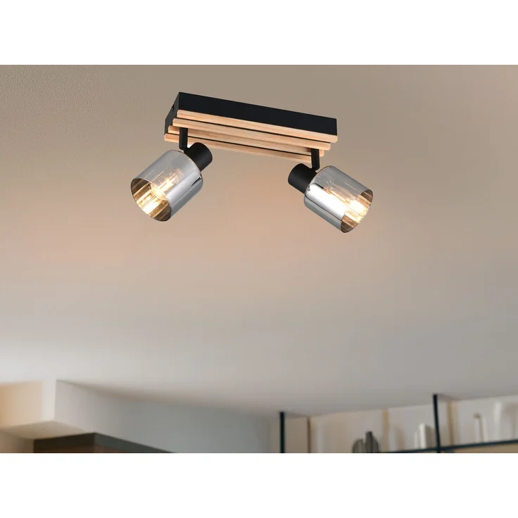 Deckenstrahler TRAVIA 2-flammig, Rauchglas Schwarz & Holzlamellen, Breite 38,5cm – Bild 1