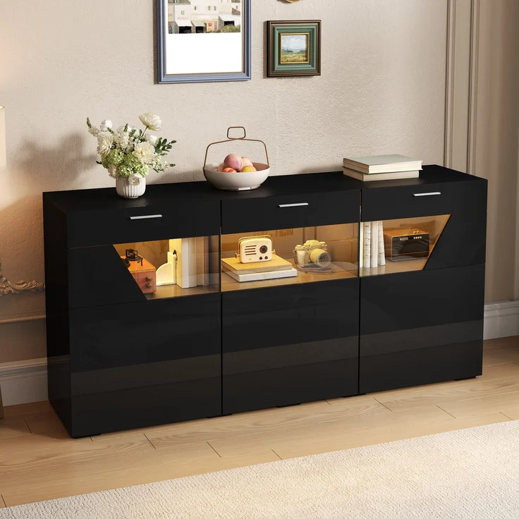 ZUBALIYA Sideboard 160x38x78 cm, mit LED-Beleuchtung, Hochglanz, mit 3 Türen, aus Spanplatte, Schwarz – Bild 9