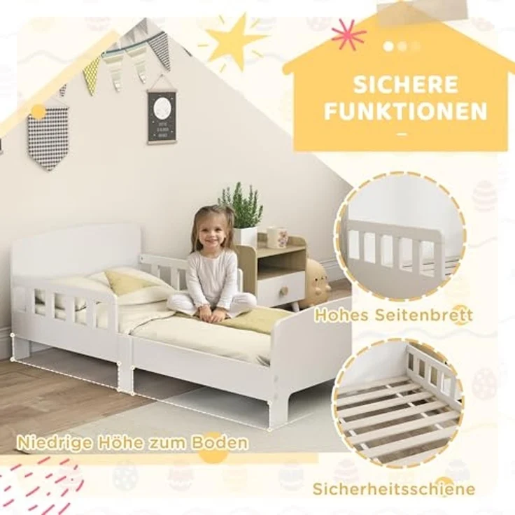 AIYAPLAY Kinderbett mit Rausfallschutz, Lattenrost (Kleinkindbett, 1-tlg, 143,5x74,2 cm Einzelbett), für Mädchen und Jungen 3–8 Jahre, Weiß – Bild 4