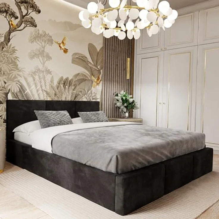 Muralo Polsterbett mit Bettkasten und Kopfteil, Metallgestell, Schwarz, 160x200 cm, Petproof Magic Velvet Stoff – Bild 2