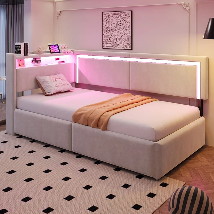 Polsterbett Schlafsofa 90x200 cm Mit LED-Beleuchtung und USB-Ladeanschlüssen. Kopfteil Lässt Sich Zum Verstauen öffnen. Hydraulisches Stauraumsystem unter Dem Bett, Samtstoff Beige – Bild 3