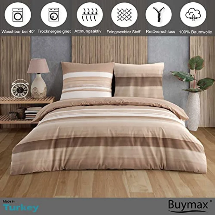 Buymax Bettwäsche Palermo, Renforcé: 100% Baumwolle, 2 teilig, 135x200 cm, Bettbezug-Set, mit Reißverschluss, Streifen, Braun-Beige – Bild 3
