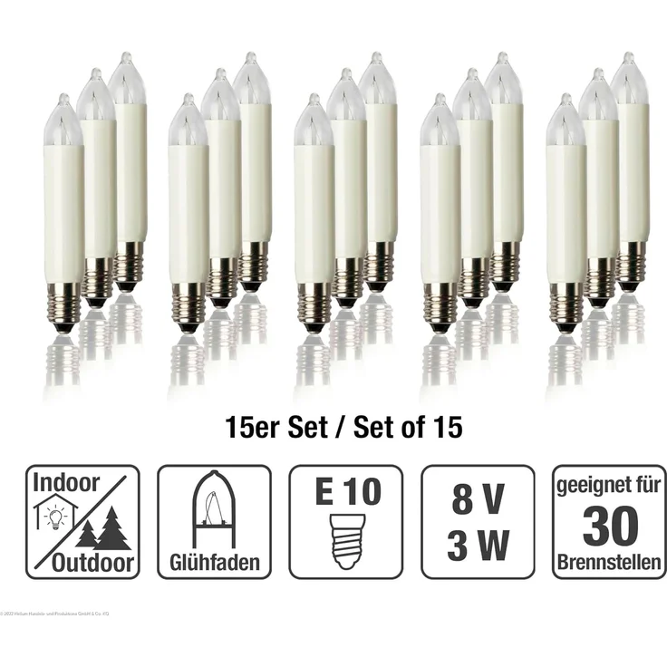 hellum Ersatzbirnen für Lichterbogen, 15 Stück 8V 3W klein-Schaftkerzen für Schwibbogen, für Ersatz-Kerzen Lichterketten innen und außen mit 30 Brennstellen, ø10mm E10/ 8V/ 3W/ 22Lumen 151374 – Bild 2