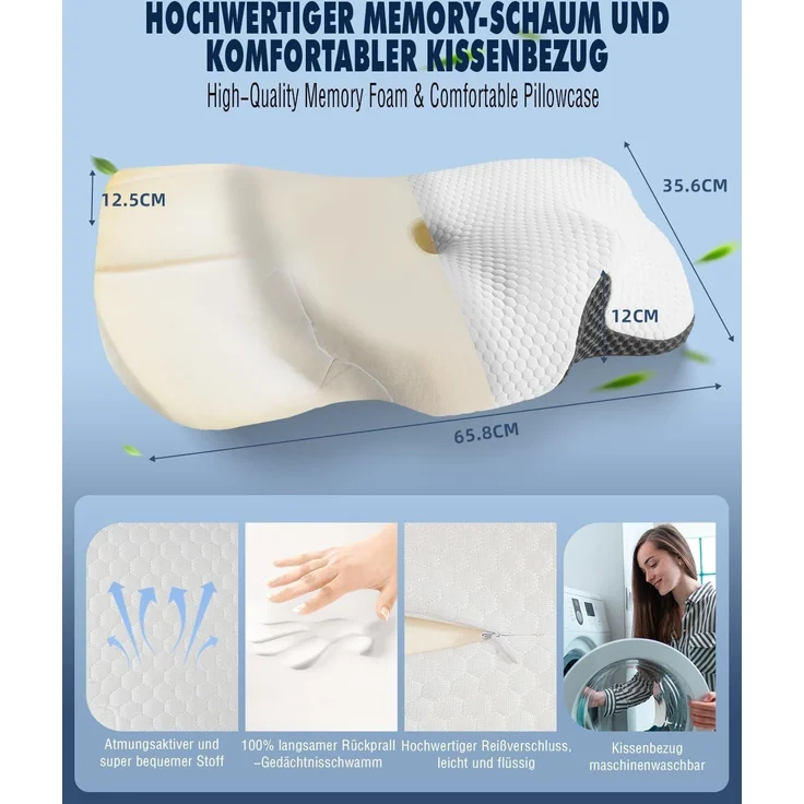Kopfkissen Nackenkissen, Kopfkissen Memory Foam, Kopfkissen fur Seiten Rucken Bauchschlufer (65.8 x 35.6 x 12.5/12.2cm) – Bild 6
