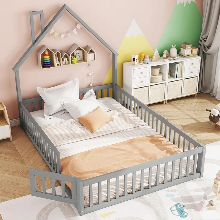 Ball & Cast Bodenbett (140x200 cm), Jugendbett und Hausbett mit Schornsteinform, Kinderbett 90x200 mit rausfallschutz, ohne Matratze, Grau