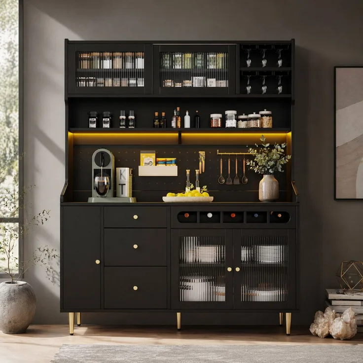 Hochschrank 145x39x171 cm mit LED-Beleuchtung, Glasschiebetüren und höhenverstellbaren Einlegeböden