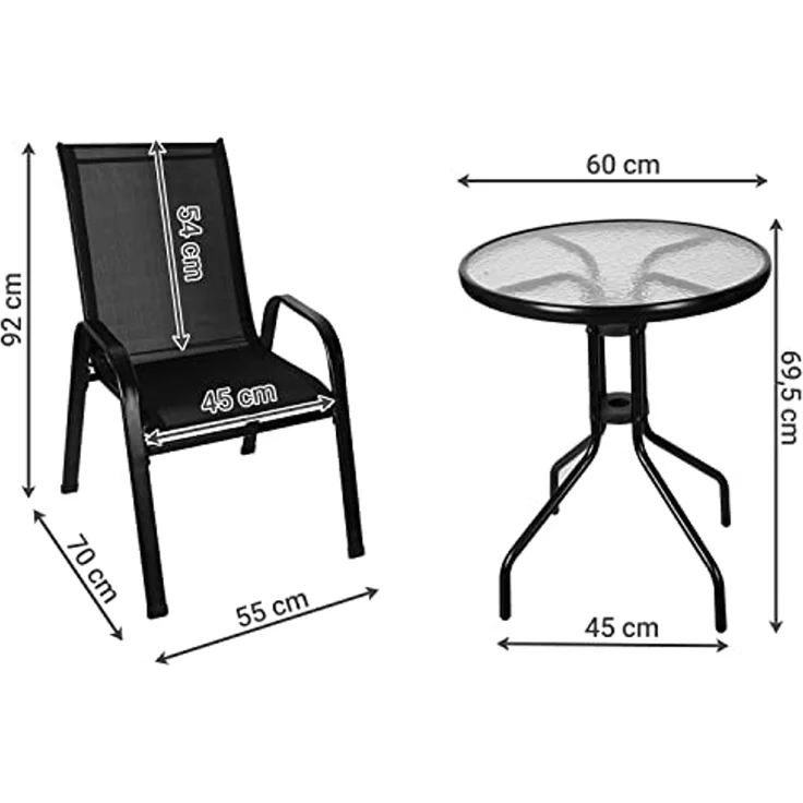 Bistro-Set 3-teilig Balkonmöbel-Set Tarassentisch Rund Gartenstühle Hochlehner Stapelbar Gehärtetes Glas Metal Wetterfest 23461 – Bild 2
