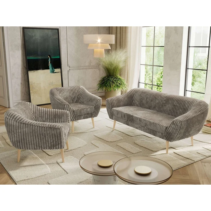 Wohnzimmerset PIRS 1-1-3, Skandinavisches 3-Sitzer Sofa mit Sesseln, Sofa mit Wellenfederung, Buche Füße, Skandinavisches Möbelset - Hellbraun Cord – Bild 3