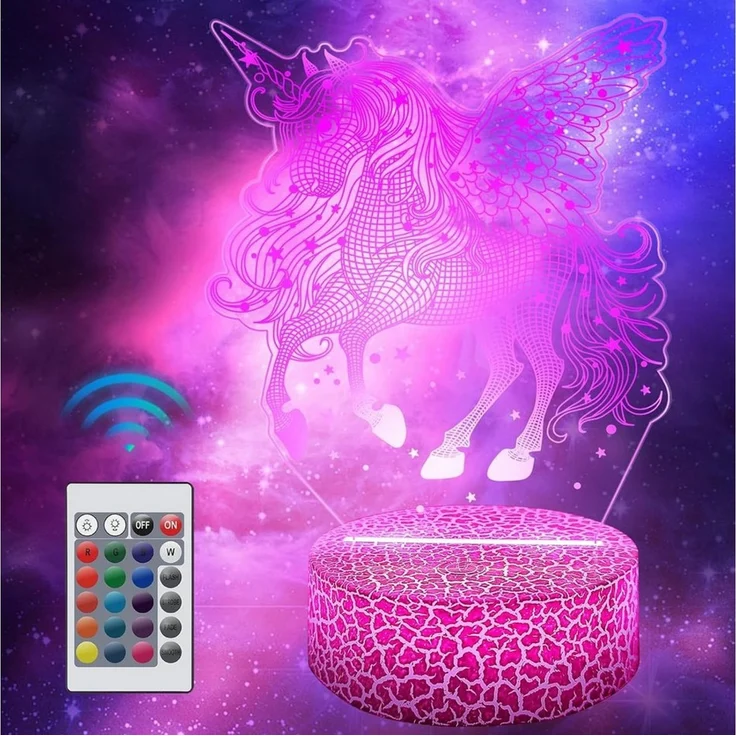 LA CUTE LED Nachtlicht Einhorn LED Nachtlicht Kinder mit 3D-Effekt & Fernbedienung, 3D Einhorn Lampe mit 16 Farben und Fernbedienung