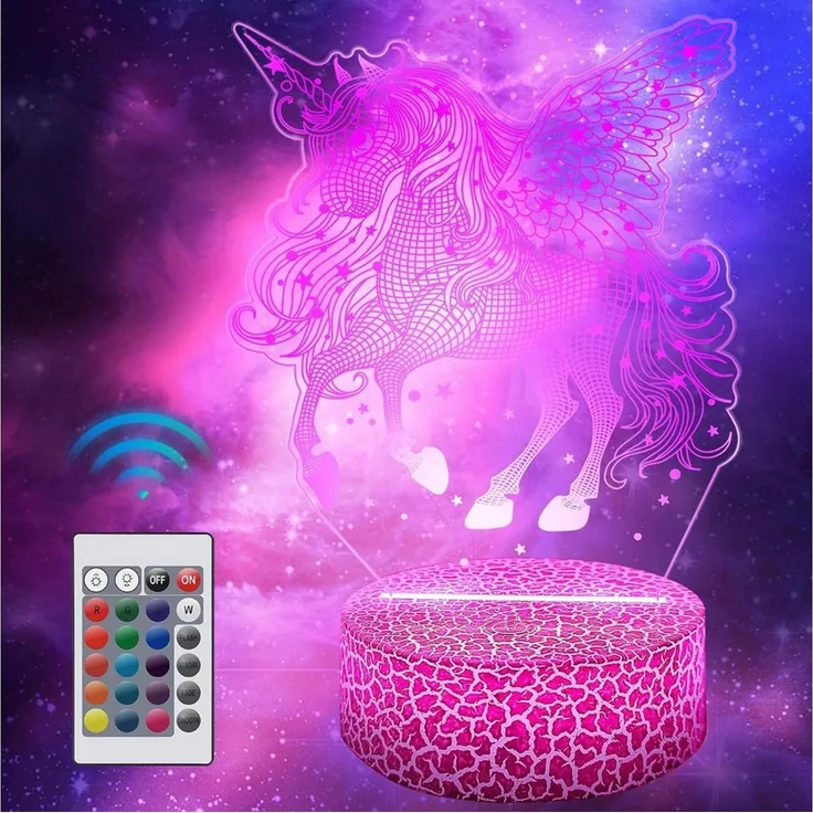 LA CUTE LED Nachtlicht Einhorn LED Nachtlicht Kinder mit 3D-Effekt & Fernbedienung, 3D Einhorn Lampe mit 16 Farben und Fernbedienung