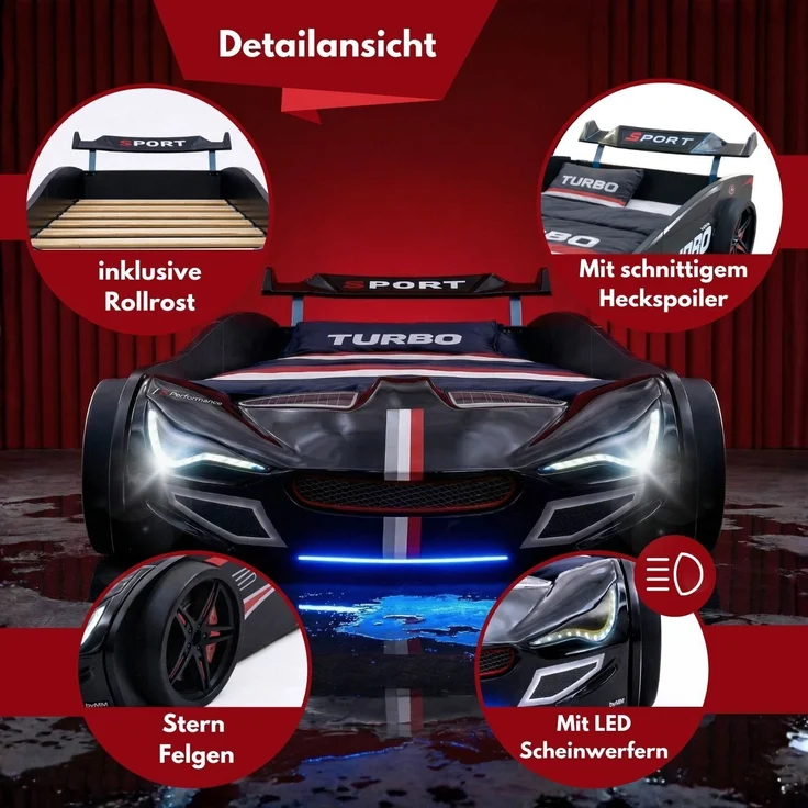Autobett GTE Kinderbett im Rennwagen-Design mit Lattenrost Farbe Schwarz – Bild 4