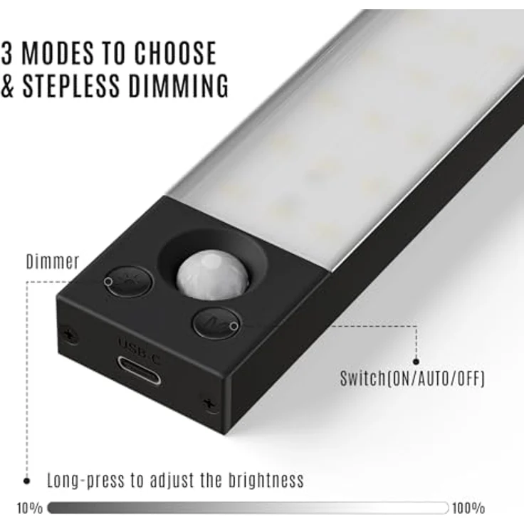 LQWELL LED Unterbauleuchte mit Bewegungsmelder, Dimmbar, Akku, USB-C Wiederaufladbar Schranklicht, LED fest integriert, Treppenlicht Nachttischlampe 22,5 cm, 1500 mAh, für Küche, Kleiderschrank, Schlafzimmer – Bild 3