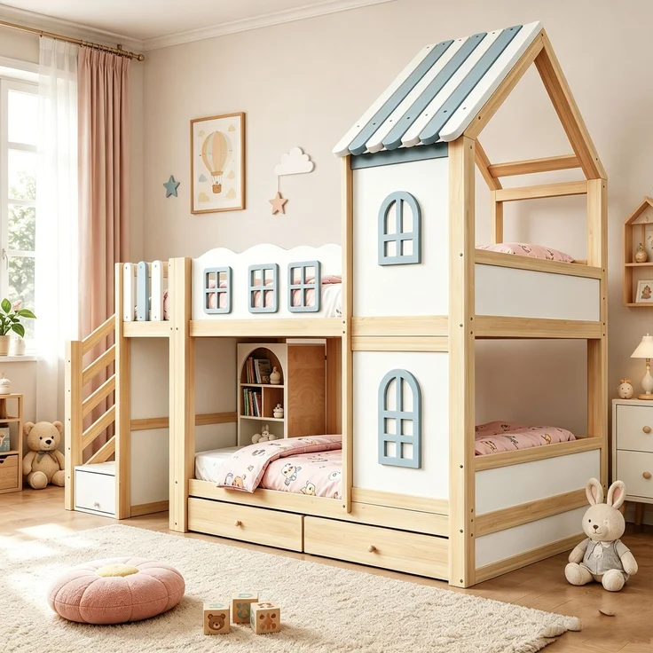 Merax Etagenbett 90 x 200 cm, Kinderbett, Jugendbett, Mit Bettgitter in Wolkenform, Dachkonstruktion Mit Fenstern, Stauraumleiter, Regalen und Schubladen, Kinderbett aus Holz, Weiß – Bild 5