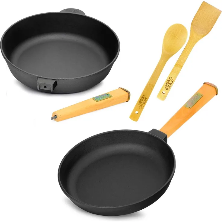 Gusseisenpfanne Set 2x Bratpfanne Gusseisen 24 cm und 26 cm mit Holzgriff Pfanne
