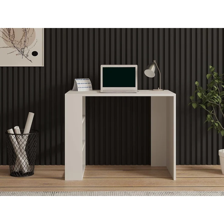 Scandinavian Study Desk, White, 90 x 70 x 50 cm | 100% Melamine Coated Particle Board, 18 mm Thick | Multipurpose with Numerous Shelves & Storage – Bild 4