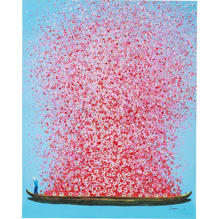 Kare Design Bild Touched Flower Boat Blau/Pink, Gemälde, Pastellfarben, Asia-Stil, buntes Wandbild, Canvas-Leinwand, Massivholz Rahmen, handgemalte Details mit Acrylfarbe, Abstrakt, 100 x 80 x 4 cm