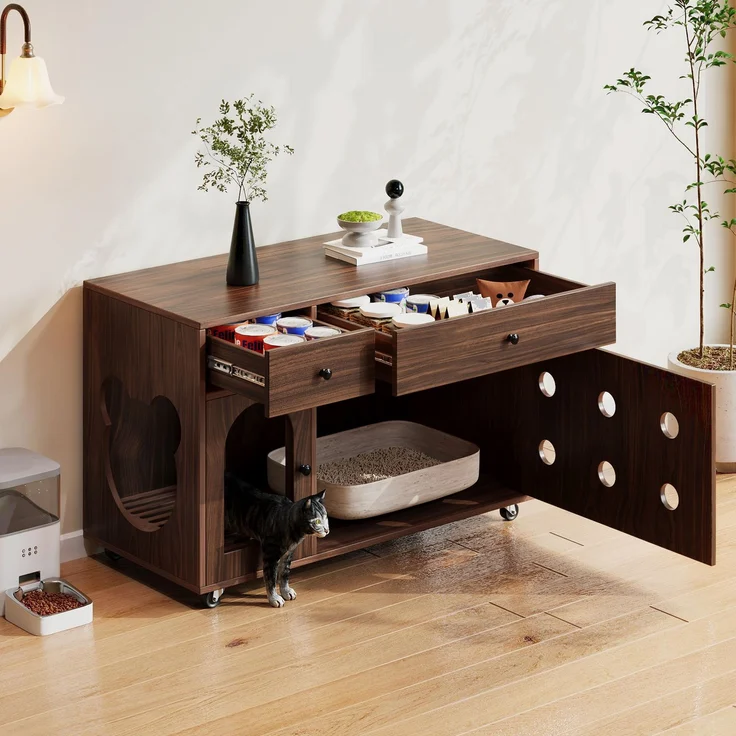 Katzenstreukasten-Schrank mit Sandfangplatte, Doppel-Schubladen, Lüftungslöchern, leise Rollen,verstecktes Katzenklo,Walnuss – Bild 2