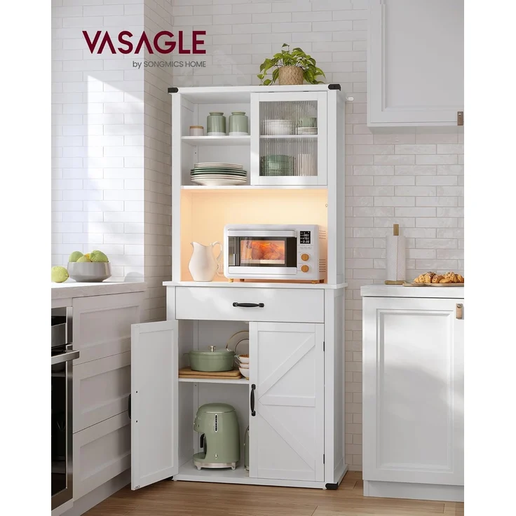 VASAGLE Sideboard mit Beleuchtung, Aufbewahrungsschrank, mit Türen und Schubladen, Küchenschrank, Kaffeebar, verstellbare Ablage, Landhausstil, wolkenweiß BBK363W21 – Bild 2