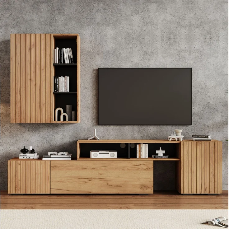 Wohnzimmer TV-Schrank-Set verstellbar & Wandschrank Holzfarbe & Schwarz, 3 Türen, 2 offene Schubladen, 1 halboffenes Regal – Bild 6
