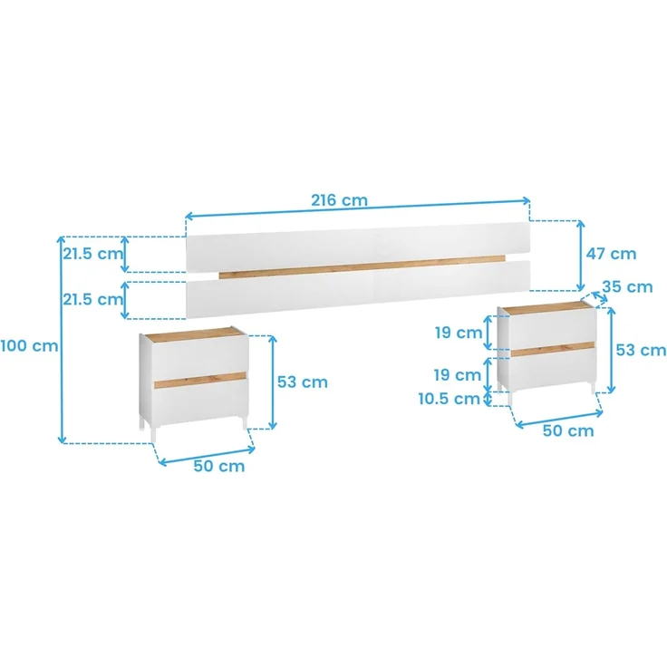 Habitdesign, modernes Kopfteil mit 2 Nachttischen und 4 Schubladen – Schlafzimmer-Set in Arktisweiß & Eiche Nodi, viel Stauraum, Maße: 255 x 100 x 34 cm (B x H x T), Modell Tempus – Bild 6