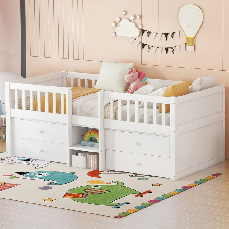 Halbhohes Bett, 90*200cm , 4 Schubladen, Geländer, Leiter, Kiefernholz, Ohne Matratze, Minimalistischer Stil, Weiß – Bild 5