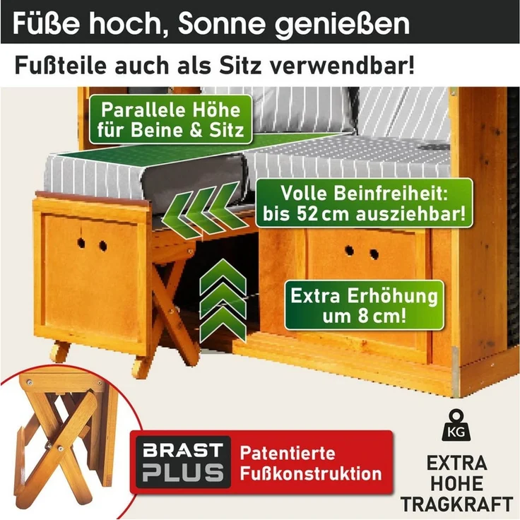 BRAST Strandkorb für 2 Personen, 120cm breit, 5 Designs, BxTxH: 120 x 79 x 150 cm, Volllieger, Rügen Deluxe, (verstellbare Rückenlehne weiches Fußkissen), inkl. wetterfeste Abdeckhaube – Bild 2